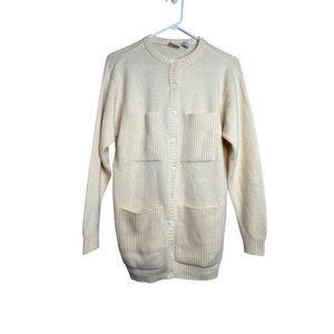 Vintage 90s Liz Claiborne Wool Angora Sweater Cardigan Long Size S Yellow Cream